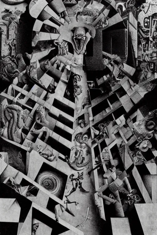 Prompt: dada nihilist discordian surreal collage made of cut up art by mc escher, walt disney, hr giger and beksinski. 8 k resolution. william s burroughs