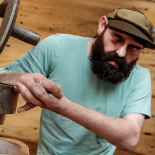 Image similar to bearded man turns bowl using woodlathe