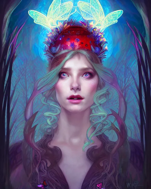 Image similar to stunningly beautiful female faerie priestess in amanita muscaria forest landscape, symmetrical wings on back, neon hair, fantasy art, dark light night, sharp focus, digital painting, 4 k, concept art, art by wlop, greg rutkowski and alphonse mucha, brom, face by otto schmidt