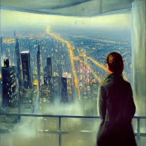 Image similar to “ a girl looking down at a futuristic new york city below, ghostpunk, fog, storm clouds, rain, detailed face, oil painting, by george bellows ”