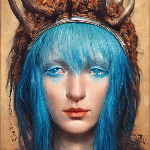 Image similar to A young female shaman, blue hair and antlers on her head. blindfolded, heilung, in the style of Heather Theurer, made by karol bak