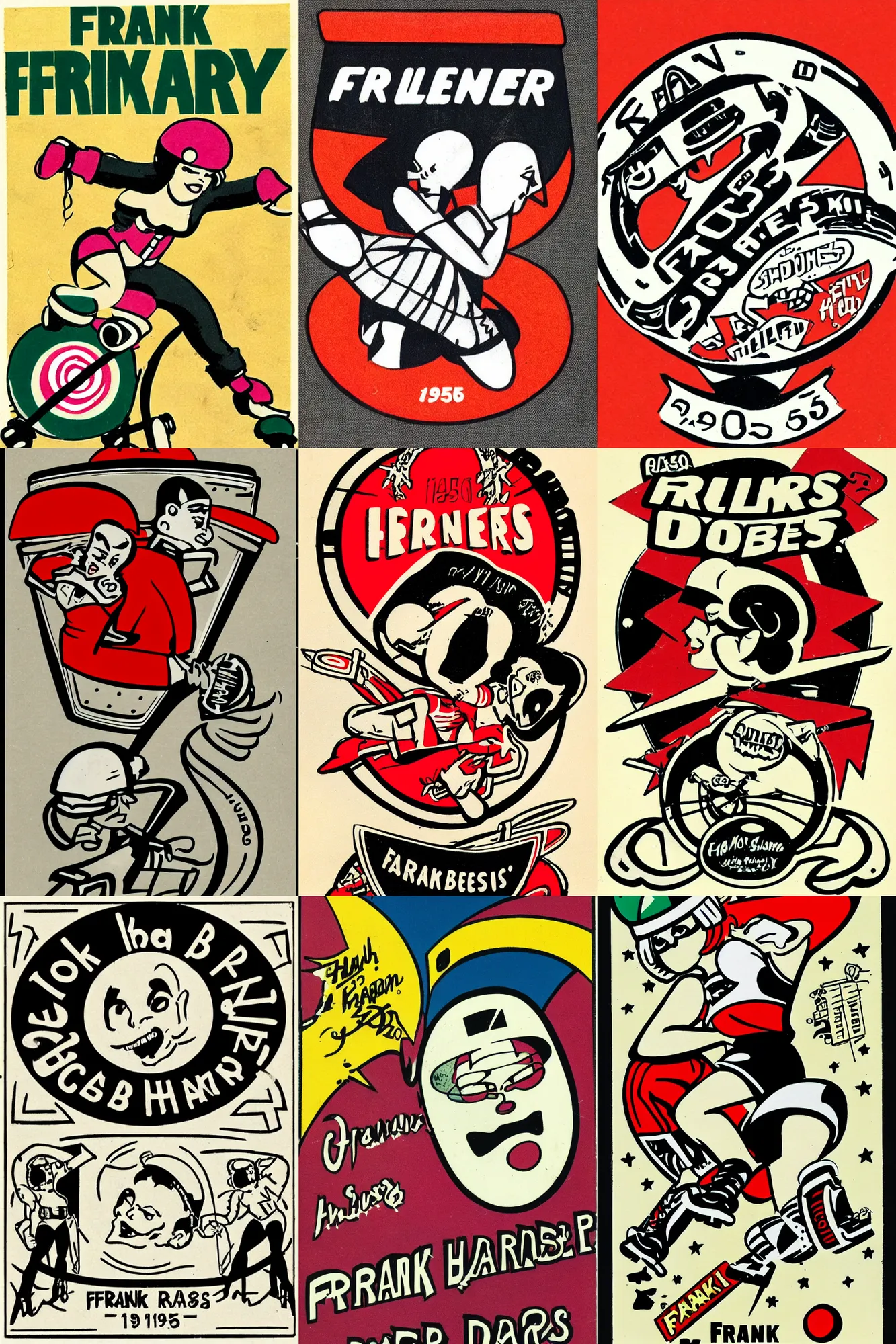 Prompt: roller derby logo Frank Hampson and mcbess, 1950s