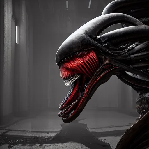 Image similar to centered photorealistic antropomorphic xenomorph inspired by Giger, sinister background, octane render, unreal engine 4k, volumetric light, fog, wide shot, detailed