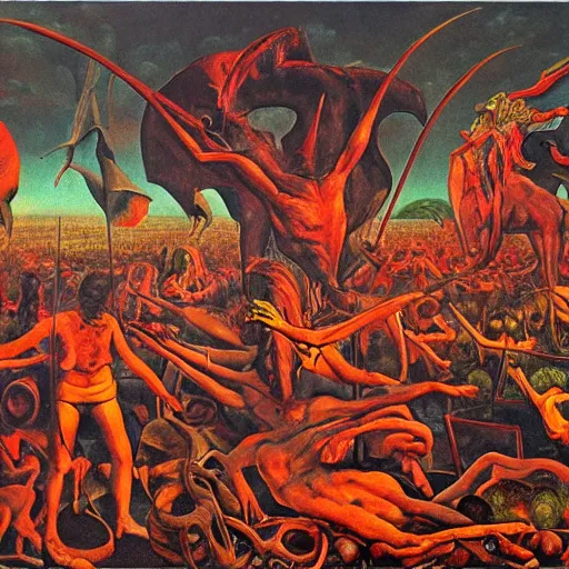 Prompt: satanic fields of pain, surreal mythological painting by malczewski, 4 k