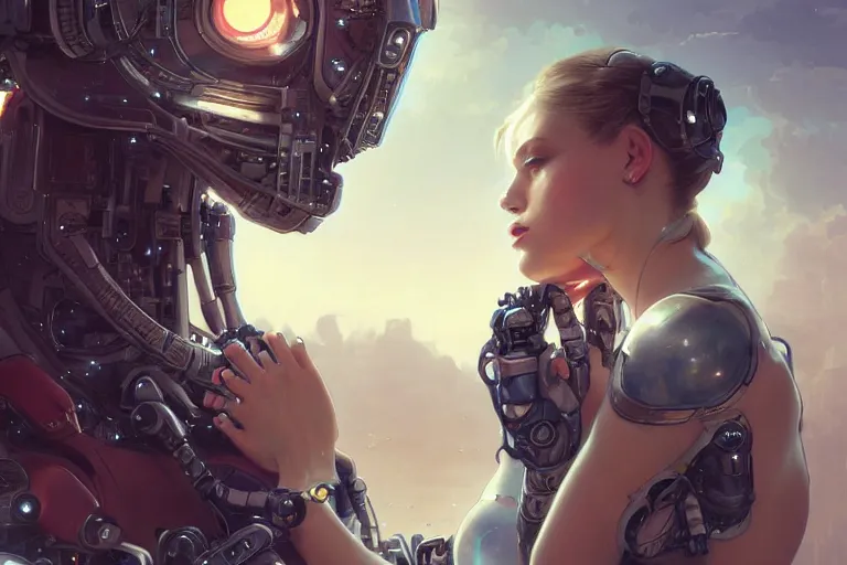 Image similar to Ultra realistic illustration, two women kissing a robot, cyberpunk, sci-fi, fantasy, intricate, elegant, highly detailed, digital painting, artstation, concept art, smooth, sharp focus, illustration, art by artgerm and greg rutkowski and alphonse mucha