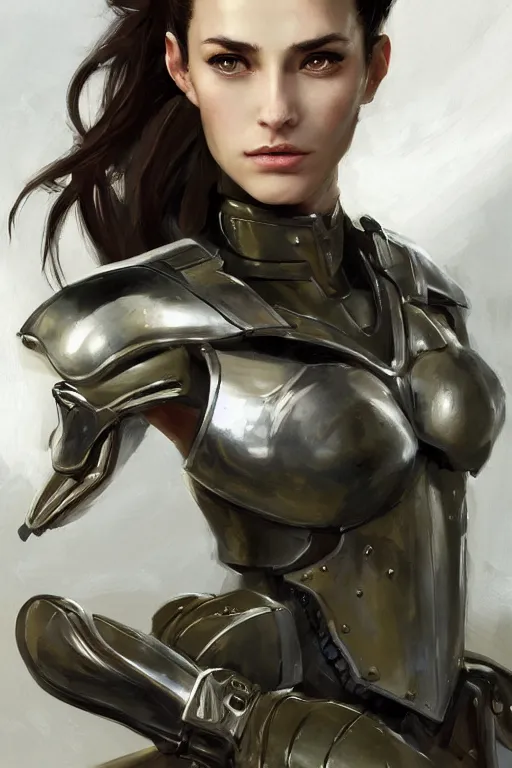 Image similar to a professionally painted portrait of an attractive young woman, clothed in military armor, olive skin, long dark hair, beautiful bone structure, symmetrical facial features, intricate, elegant, digital painting, trending on Artstation, concept art, smooth, sharp focus, illustration, from Metal Gear by Ruan Jia and Mandy Jurgens and Artgerm and William-Adolphe Bouguerea, award winning