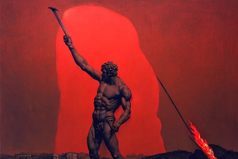 Image similar to only with red, a red melted apollo with a laurel wreath and a flaming sword announce win, athens in background, in the style of beksinski, parts by edward hopper, parts by rodcenko, parts by yue minjun, intricate and epic composition, red by caravaggio, insanely quality, highly detailed, masterpiece, red light, artstation, 4 k