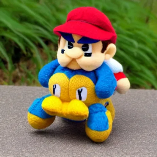 Image similar to a yarn plush doll of wario riding a yoshi