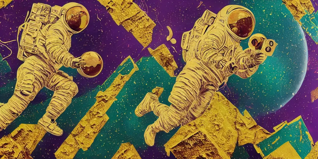 Prompt: insane _ detail _ textured _ art _ deco _ painting _ of _ astronaut _ running _ on _ surface _ of _ tiny _ planet _ full _ body _ flying _ from _ bottom _ left _ to _ top _ right _ muted _ greens _ and _ browns _ geometric _ gold _ and _ deep _ purple _ vaporwave