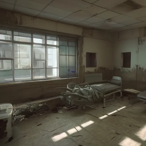 Image similar to destroyed hospital interior unreal engine detailed