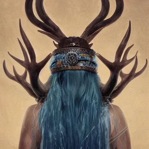 Image similar to A young female shaman, blue hair and antlers on her head. blindfolded, heilung, in the style of Heather Theurer, headshot photoshoot, insanely detailed and intricate, beautiful, elegant, cinematic toplight, portrait, headroom, artstation, made by karol bak, karol bak, karol bak