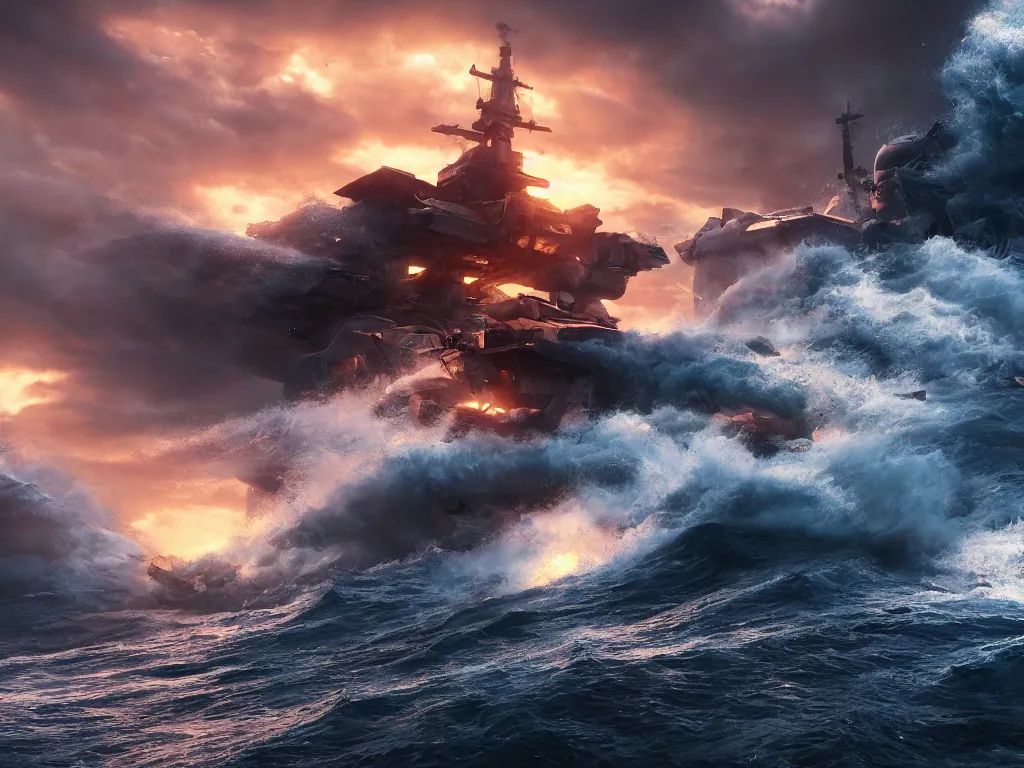 Image similar to breaking apart crashing damaged and on fire mecha battleship sailing alone on a stormy sea at sunset,large waves, explosions, battletech, octane render , cinematic