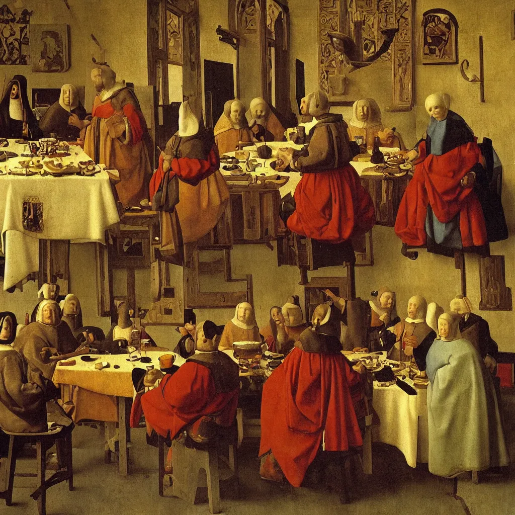 Image similar to Noble lunch. They dined in a large, richly furnished room. There were a lot of food on the table. Medieval painting by Jan van Eyck, Johannes Vermeer, Florence,