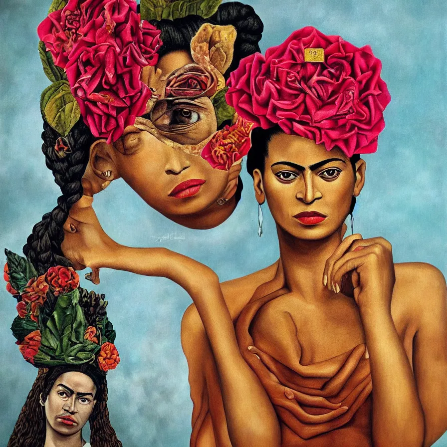 Image similar to surreal portrait of Beyoncé by Frida Kahlo, Rosa Rolanda, María Izquierdo, detailed, high quality, high resolution, surreal artistic wallpaper, HD 4K