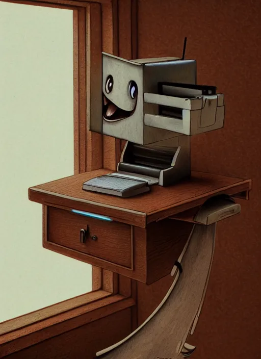 Image similar to anthropomorphic stapler in a desk, naturel, hyper detailed, digital art, trending in artstation, cinematic lighting, studio quality, smooth render, unreal engine 5 rendered, octane rendered, art style by klimt and nixeu and ian sprigger and wlop and krenz cushart.
