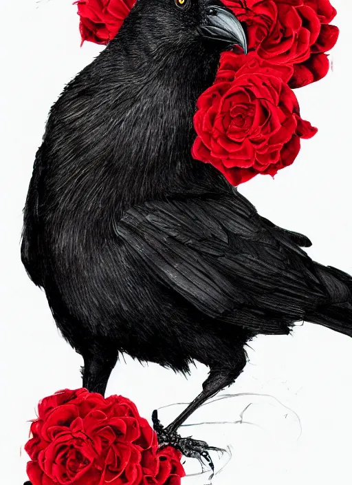 Image similar to portrait, A crow with red eyes in front of the full big moon, book cover, red roses, red white black colors, establishing shot, extremly high detail, foto realistic, cinematic lighting, pen and ink, intricate line drawings, by Yoshitaka Amano, Ruan Jia, Kentaro Miura, Artgerm, post processed, concept art, artstation, matte painting, style by eddie mendoza, raphael lacoste, alex ross