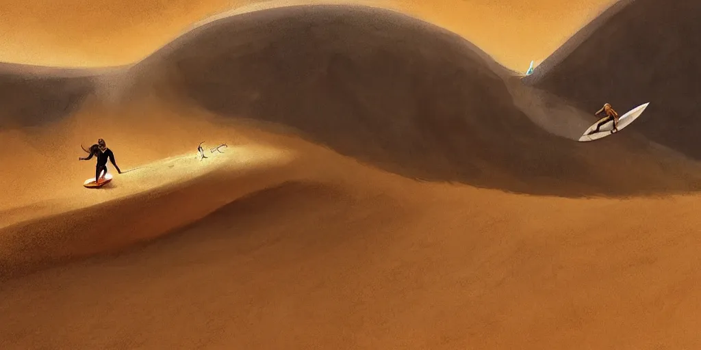 Prompt: a fremen surfing on a sand dune, frank herbert, by Marc Simonetti