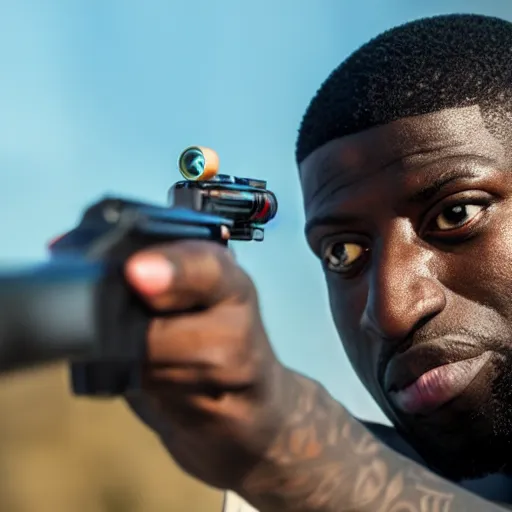 Image similar to angry gucci mane shooting and terrorizing people in the hood, 8k resolution, full HD, cinematic lighting, award winning, anatomically correct