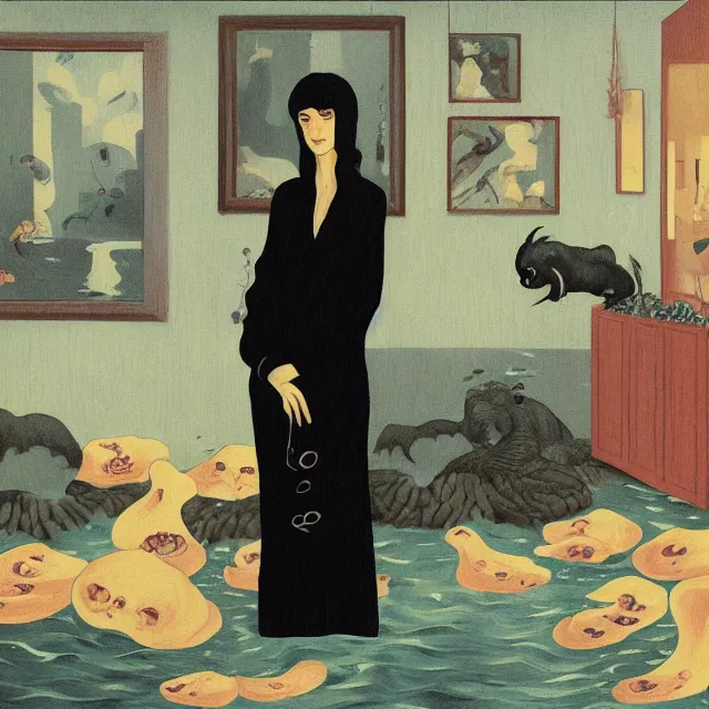 Image similar to tall female emo artist holding a pig in her flooded apartment, mushrooms, octopus, water gushing from ceiling, painting of flood waters inside an artist's apartment, a river flooding indoors, pomegranates, pigs, ikebana, zen, river, rapids, waterfall, black swans, canoe, berries, acrylic on canvas, surrealist, by magritte and monet