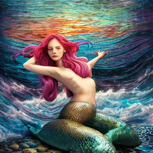 Image similar to mermaid mulitcolor waves, art by chris dyer, stanley artgerm lau, wlop, rossdraws, james jean, andrei riabovitchev, marc simonetti, yoshitaka amano photorealistic,, vray, hdr, hyper detailed, dramatic lighting, octane render, weta digital, 3 d sculpture