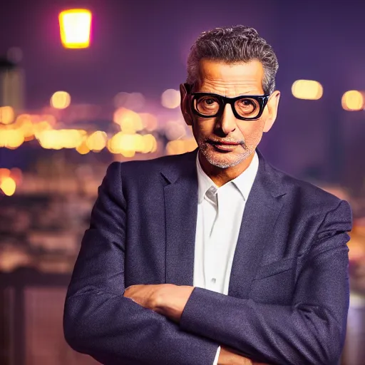 Image similar to a still of Jeff Goldblum . Shallow depth of field. City at night in background, lights, colors ,studio lighting, mood, 4K. Profession photography