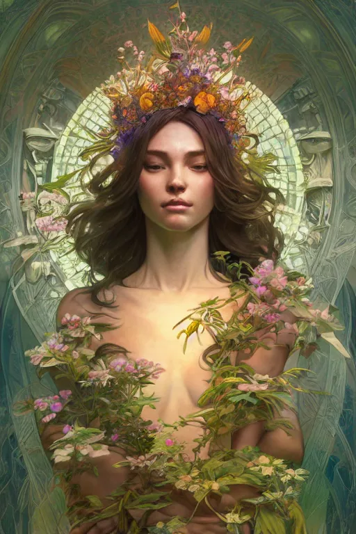 Prompt: goddess of nature, highly detailed, digital painting, artstation, concept art, smooth, sharp focus, illustration, Unreal Engine 5, 8K, art by Ross Tran and greg rutkowski and alphonse Mucha