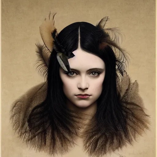 Image similar to highly detailed ilustration of a beautiful cute girl with feathers, endless black hair, with pale skin, by nicola samuri, by dino valls, by m. w. kaluta, rule of thirds, seductive look, 4 k resolution