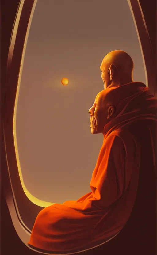 Image similar to portrait of a blind monk in a spaceship, looking out the window at a planet, orange robe, dramatic lighting, artstation, matte painting, ralph mcquarrie