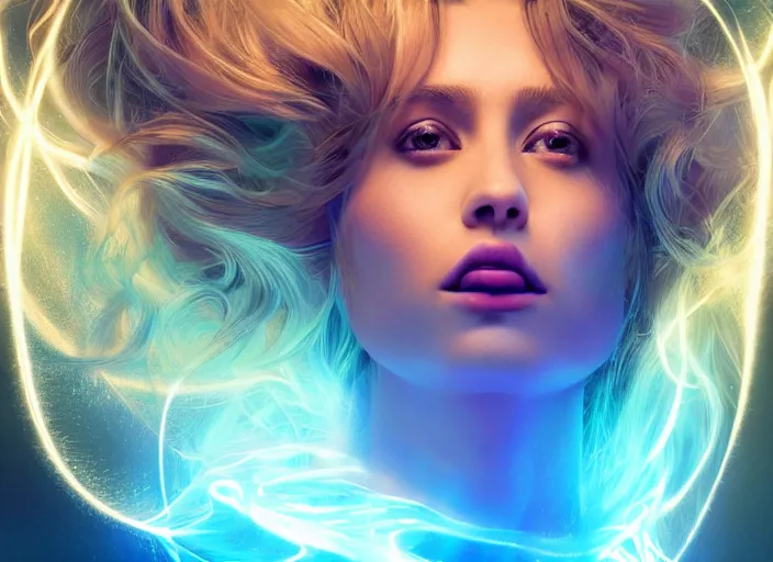 Prompt: an elegant goddess with luminous hair, flowing lightpainting swirling around her, highly detailed, ultrafine hyperrealistic detailed face, photorealistic, neon rim lighting, reflections, smooth, sharp focus, ultrawide, final fantasy, art by irakli nadar and lindsay adler and dani olivier and michael bosanko