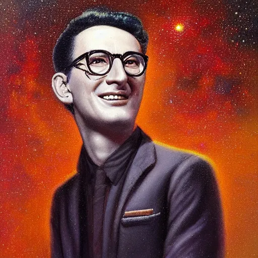 Image similar to UHD tonalism cosmic painting of Buddy Holly, by Antonio Caparo and Ferdinand Knab and Greg Rutkowski, UHD, photorealistic, trending on artstation, trending on deviantart