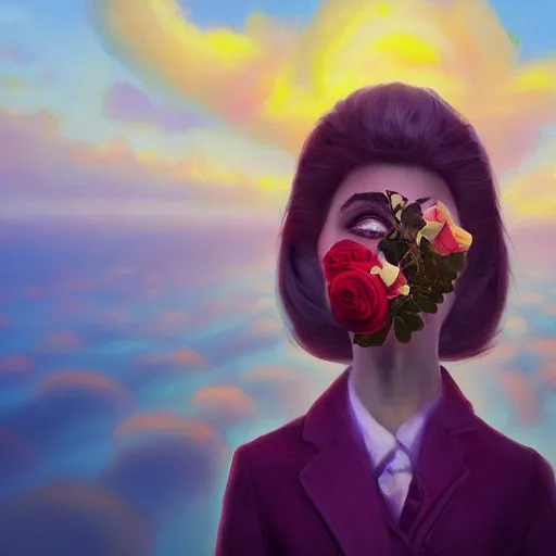 Image similar to closeup, huge rose flower face, frontal, girl in a suit, surreal photography, sunrise, dramatic light, impressionist painting, digital painting, artstation, simon stalenhag