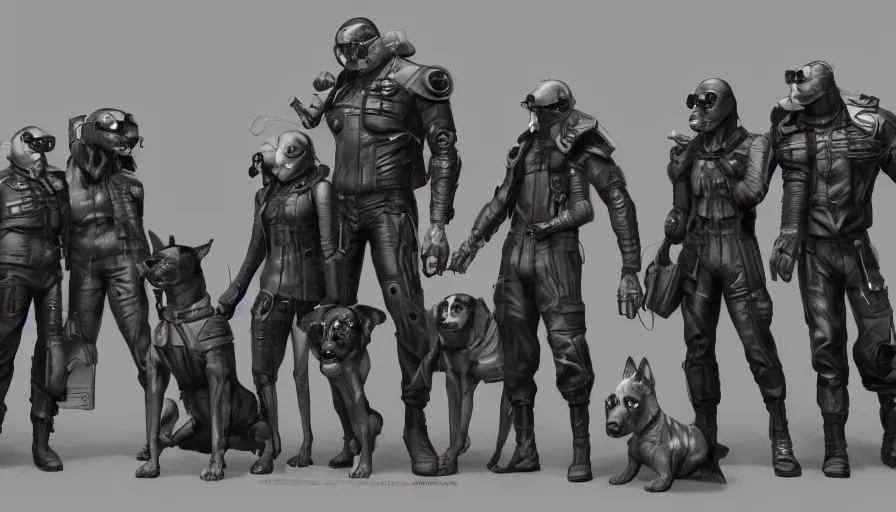Image similar to a group of lawbreaking dogs trying to look smart, cyberpunk art by yumihiko amano, cgsociety, figurative art, toonami, zbrush, official art