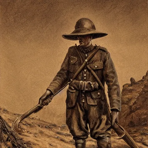 Prompt: ultra detailed photorealistic sepia - toned painting from 1 9 1 7, a british officer in field fear standing at an archaeological dig site in wadi rum, ultra realistic, painted, intricate details, lovecraft, atmospheric, dark, horror, brooding, highly detailed, in the style of clyde caldwell