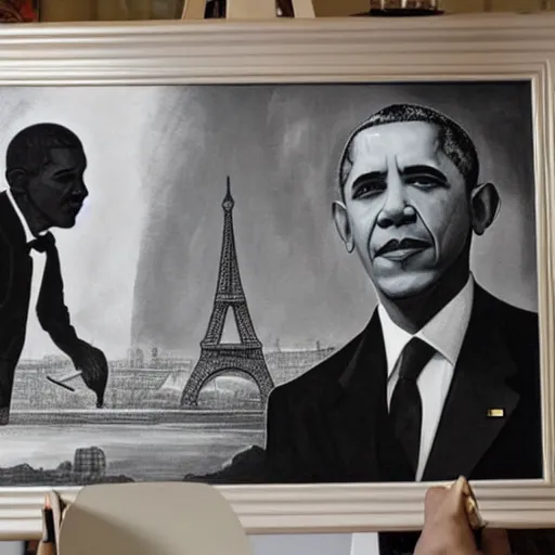 Prompt: obama is dressed as a gentleman at early 2 0 th century paris. he is watching an easel. that easel has a canvas on it. barack obama has a brush on his hand. he is painting a painting. there is a small brown cat with yellow eyes on barack obamas feet. on background has river seine, morning sun, dark clouds, lightning, by frank miller