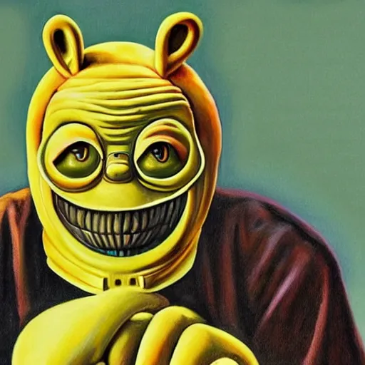 Prompt: beautiful lifelike painting of mf doom as the teletubbies, hyperreal detailed facial features and uv lighting, art by ed roth and basil wolverton