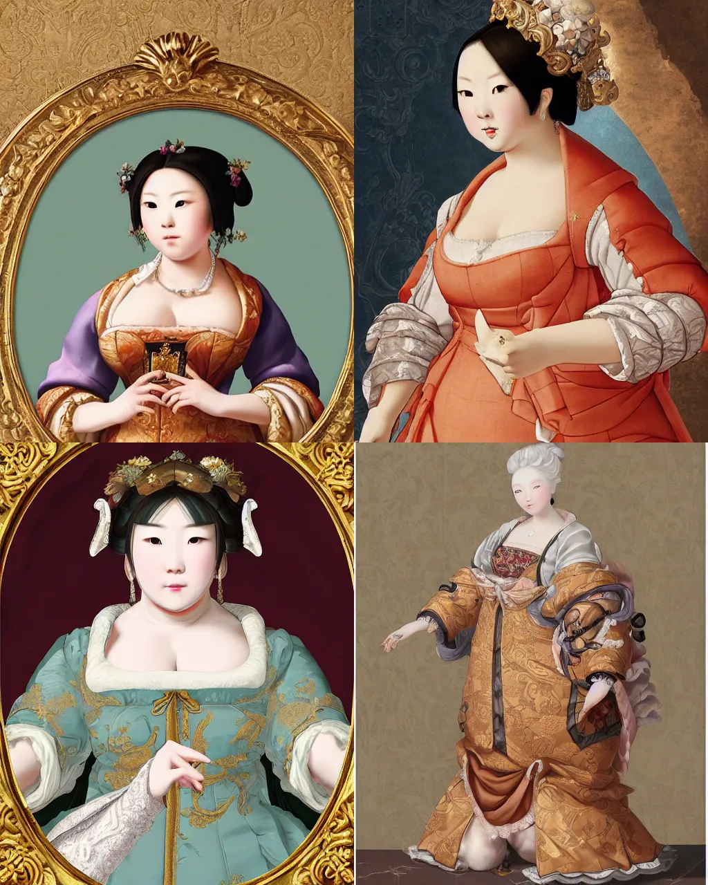 Prompt: Detailed Baroque painting of mei from overwatch as an elegant noblewoman, brocade dress, style of giotto and johfra bosschart, intricate, soft lighting, chubby physique |