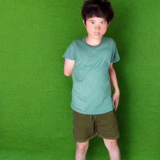 Prompt: the boy had journeyed a long way, and was very tired. dslr, photo, standing next to a green screen