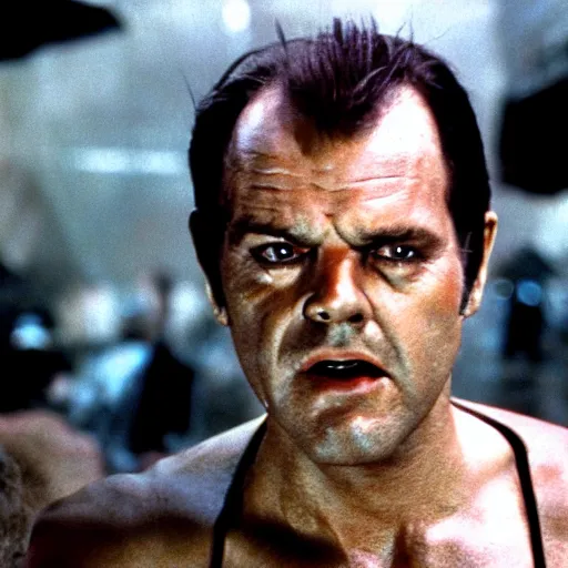 Prompt: !dream 32 year old Jack Nicholson on blade runner 1982, movie still, face close-up, in color, detailed face, 4k,