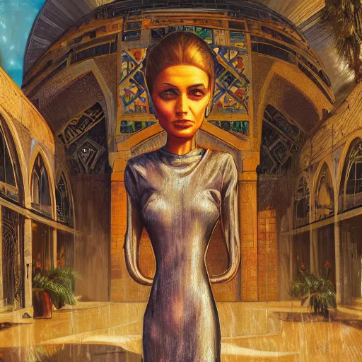 Image similar to detailed face of an arabic woman, opulent courtyard, moment, tectonic sky, skydome, reactor, utopian, tech noir, wet reflections, prism, atmospheric, ambient, pj crook, syd mead, livia prima, artgerm, greg rutkowski, nick alm, casey baugh