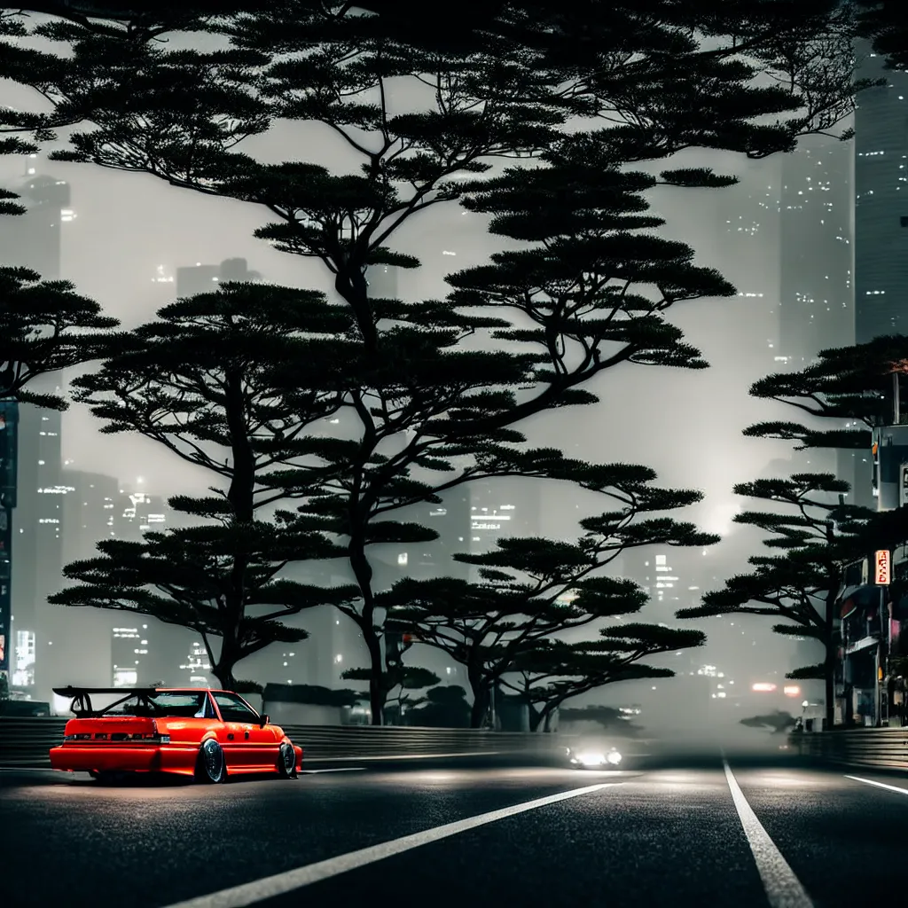 Image similar to car in center JZX100 twin turbo drift on a road, surrounded by trees and buidlings in Tokyo prefecture, rooftops are Japanese architecture, city at sunset heavy mist over streetlights, cinematic lighting, photorealistic, detailed wheels, highly detailed