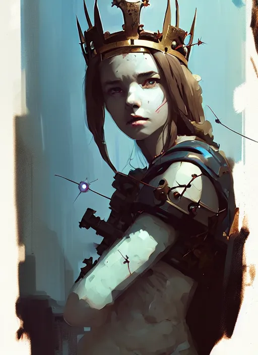 Image similar to portrait of cute maiden girl with crown of thorns, warhammer, cyberpunk, by atey ghailan, by greg rutkowski, by greg tocchini, by james gilleard, by joe fenton, by kaethe butcher, dynamic lighting, gradient light blue, brown, blonde cream and white color in scheme, grunge aesthetic