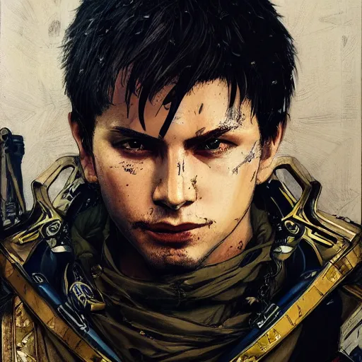 Prompt: portrait of a young white hero using his right arm to hold his sword covering his eye by yoji shinkawa, high quality, extra details, realism, ornate, colored, golden chain, blood, white skin, short hair, brown eyes, vivid, sunlight, american man, freedom, white american soldier, painting, cybernetics, military