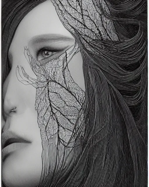 Image similar to a woman's face in profile, long flowing hair entwined in intricate decorative lace leaf skeleton, in the style of the dutch masters and gregory crewdson, dark and moody