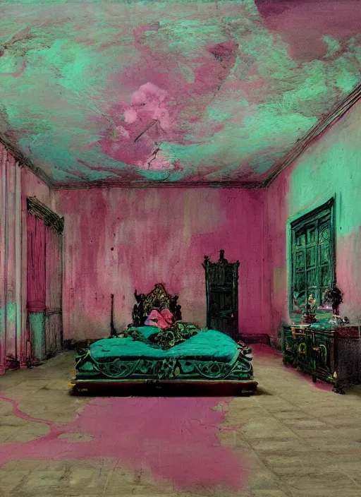 Image similar to eventually even those who avoided the world were drawn into its madness. gothic, rich deep pink, blue and green colours, creepy, mystical, highly detailed and intricate, by francis bacon, edward hopper, adrian ghenie, glenn brown, soft light 4 k, pink and green colour palette, cinematic composition, cinematic lighting, high quality octane render