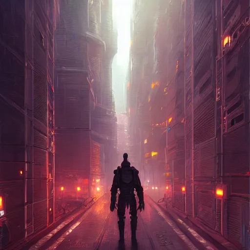 Image similar to gigantic cyberpunk megastructure, sidewalk, size comparsion, night, dramatic lighting, chiaroscuro, high detail, painted by greg rutkowski, painted by igor kieryluk, painted by raymond swanland, trending on artstation