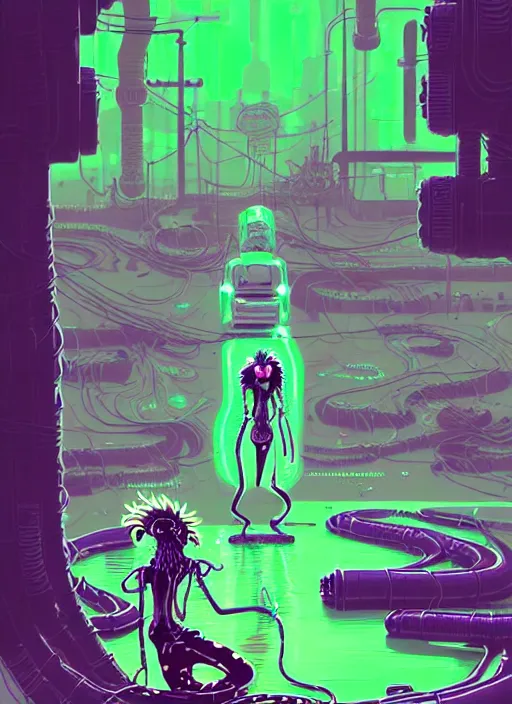 Prompt: highly detailed portrait of a lonely wasteland punk long dripping green poison hair tribal lady, stray neon green sludge hoses by atey ghailan, james gilleard, by joe fenton, by greg rutkowski, by greg tocchini, by kaethe butcher, 4 k resolution, gradient purple, brown black and white color scheme!!! ( ( green flaming robotic sewer background ) )