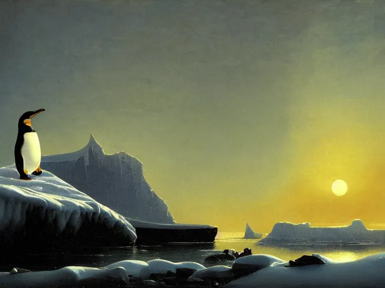 Image similar to an oil painting of a penguin playing in pure white snow on an iceberg in a serene ocean at dusk. aurora. by tuomas korpi moebius and carl spitzweg. baroque elements. intricate artwork by caravaggio. oil painting. oil on canvas. award winning. dramatic. trending on artstation. 8 k