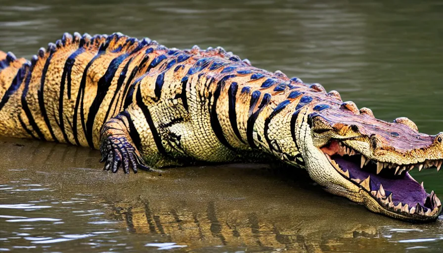 Image similar to an alligator tiger!!! hybrid! hyper realistic!! realistic lighting!! wildlife photographer of the year!!! bold natural colors, national geographic, hd, wide angle, 8 k