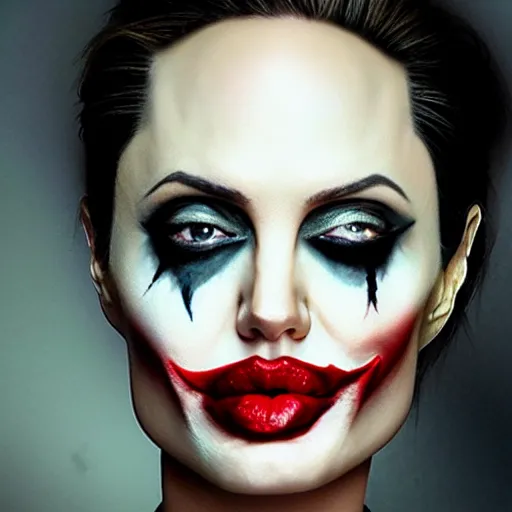 Image similar to angelina jolie in joker makeup film studio portrait warner bros