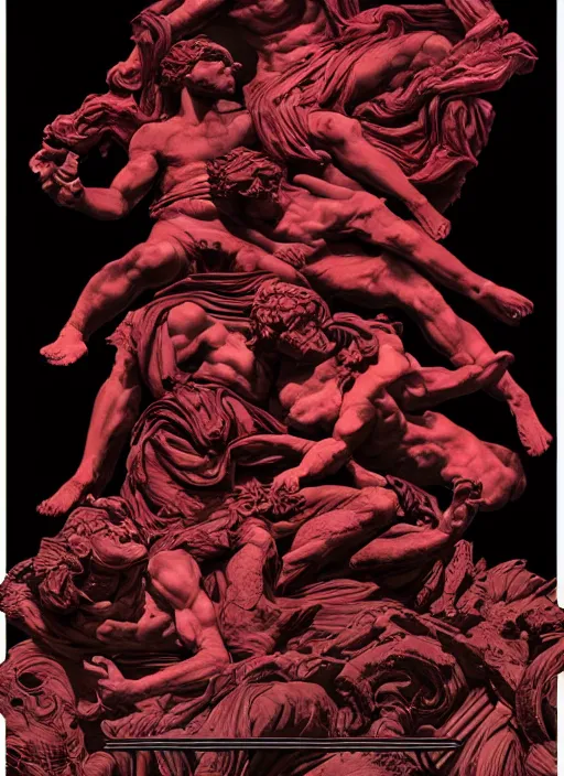 Image similar to design poster, black background with very subtle red and purple design elements, statue of laocoon and his sons, powerful, nekro, graphic design, collage art, thin lines, dark, glitch art, neo vaporwave, gritty, layout frame, square, trending on artstation